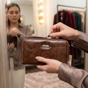 Rosetti Wallet Solid Brown Faux Leather Zip-Around & Compartments